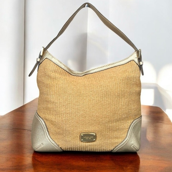 Michael Kors Straw & Metallic Gold Millbrook Leather Hobo Shoulder Bag - Picture 2 of 10